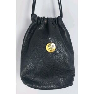 SV Leather Coin Pouch Case Black Drawstring String Bag Purse 2 Sections 5.5"x6"